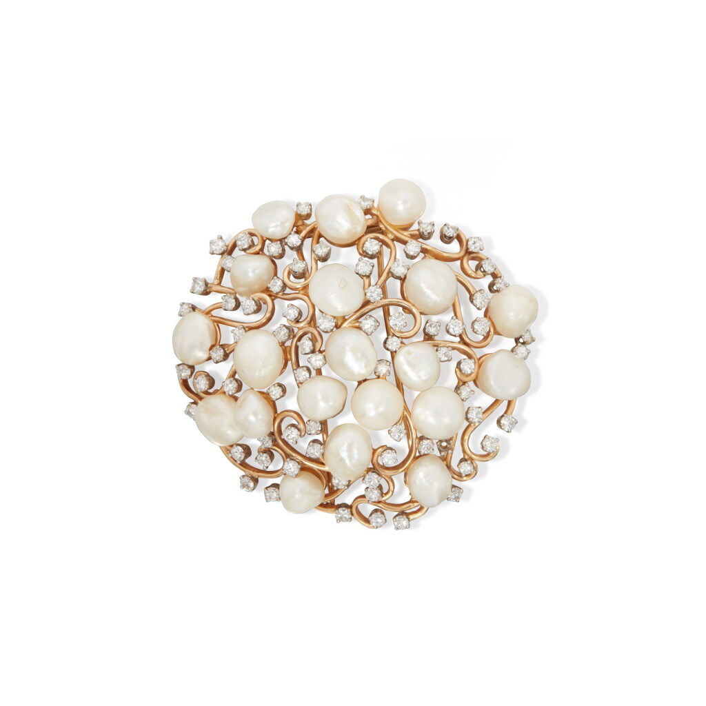 View full screen - View 1 of Lot 95. Cultured Pearl and Diamond Brooch.