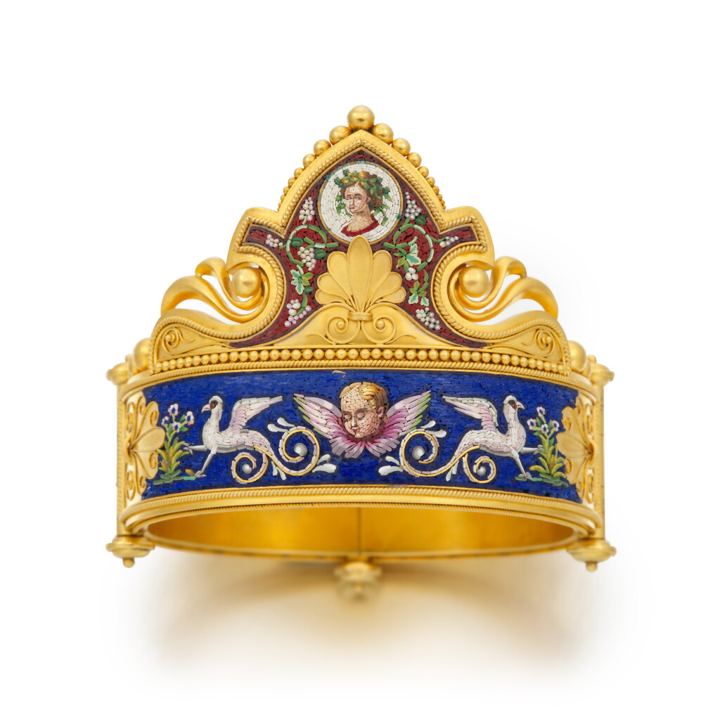 View full screen - View 1 of Lot 87. A gold and micromosaic bracelet in the manner of Castellani, Rome, circa 1860/70.