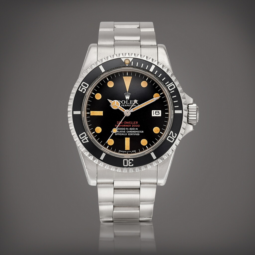 View full screen - View 1 of Lot 2277. Submariner 'Double Red Sea-Dweller', Reference 1665 A stainless steel wristwatch with date and bracelet, Circa 1972 | 勞力士 | Submariner 'Double Red Sea-Dweller' 型號1665 | 精鋼鏈帶腕錶,備日期顯示,約1972年製.