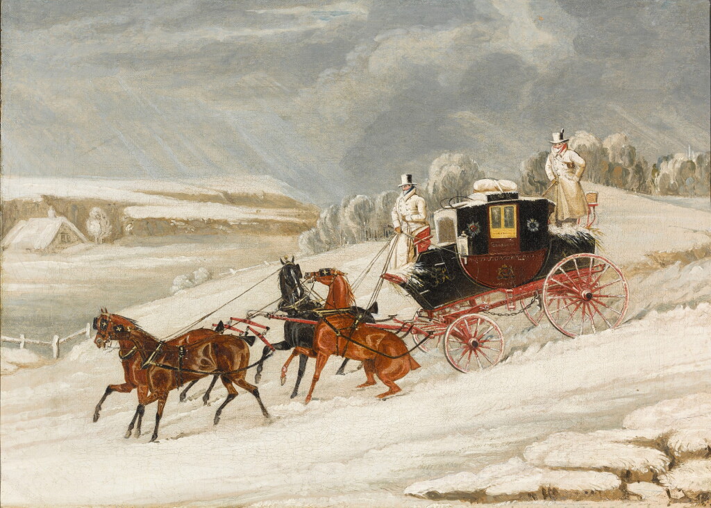 View full screen - View 1 of Lot 156. JAMES POLLARD | LONDON TO GLASGOW MAIL COACH IN THE SNOW.