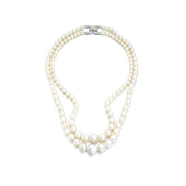 View full screen - View 1 of Lot 594. Elegant natural pearl and diamond necklace.