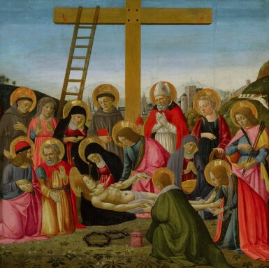 View full screen - View 1 of Lot 4. The Lamentation with Saints Francis, Anthony of Padua, a Bishop Saint, Catherine of Alexandria and Sebastian.