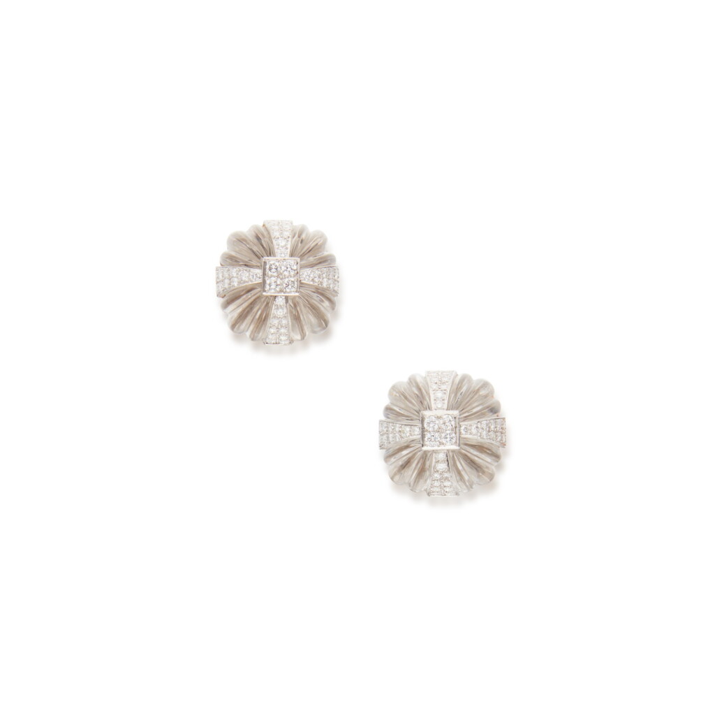 View full screen - View 1 of Lot 138. Pair of Rock Crystal and Diamond Earclips.