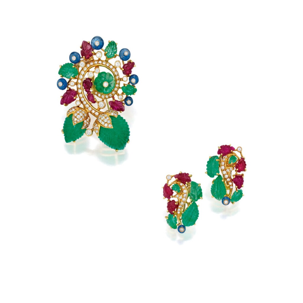 View full screen - View 1 of Lot 148. Colored Stone and Diamond Clip-Brooch and Pair of Earclips.