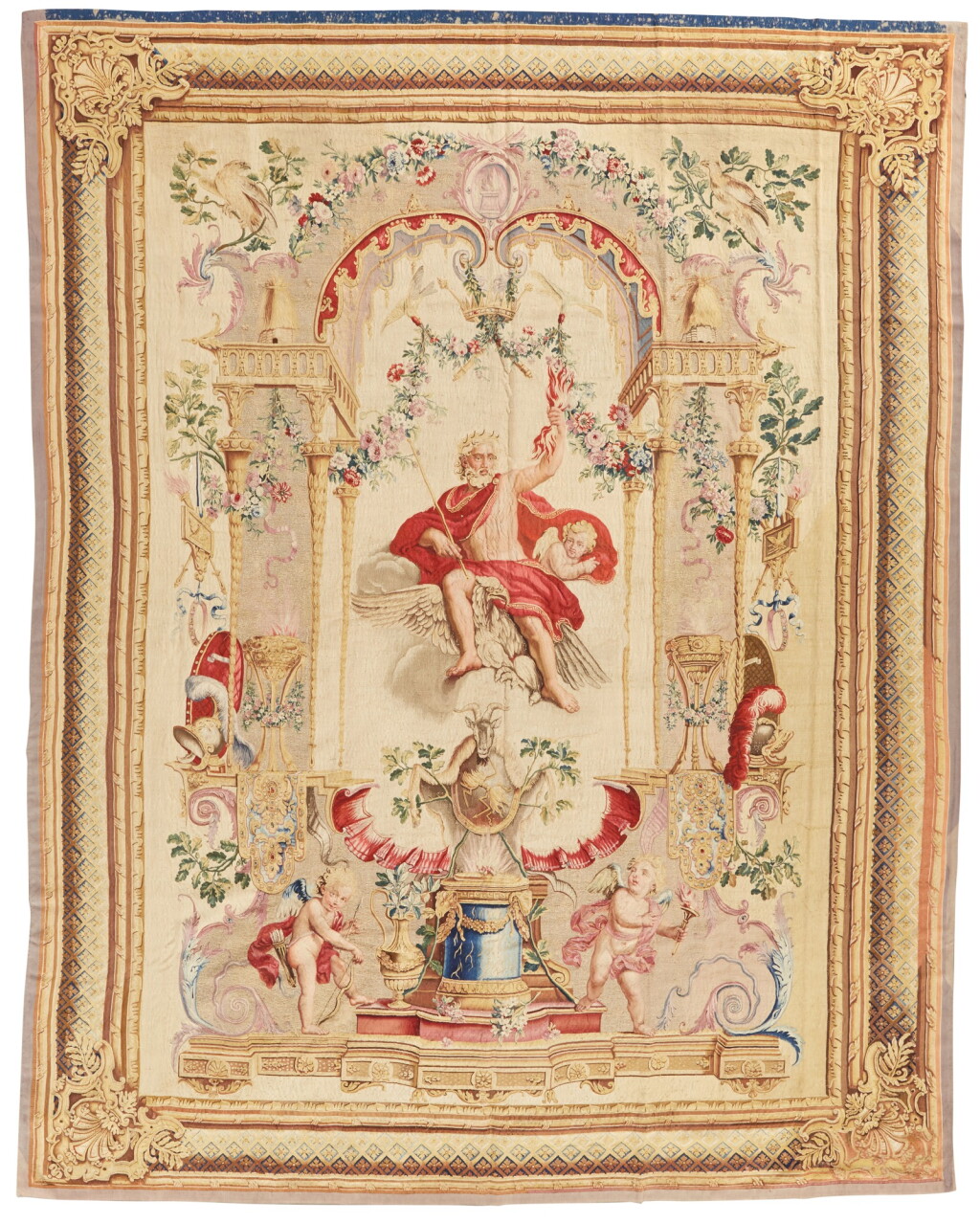 View full screen - View 1 of Lot 36. A Louis XV Allegorical Tapestry, ‘Fire/Jupiter’, from ‘Four Elements’ from the series, Les Portières des Dieux, Paris, Royal Gobelins manufactory, between 1740-1774, under direction of Jacques Neilson (1714-1788), after designs by Claude Audran III (1658-1734), Louis de Boulogne, Michel Corneille, Alexandre-François Desportes and Pierre Josse Perrot.