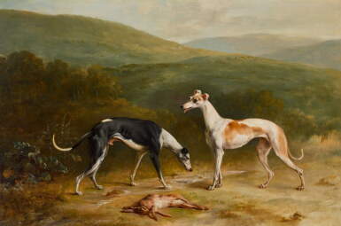 Voir en plein écran - Voir 1 du lot 134. A pair of greyhounds in a landscape.