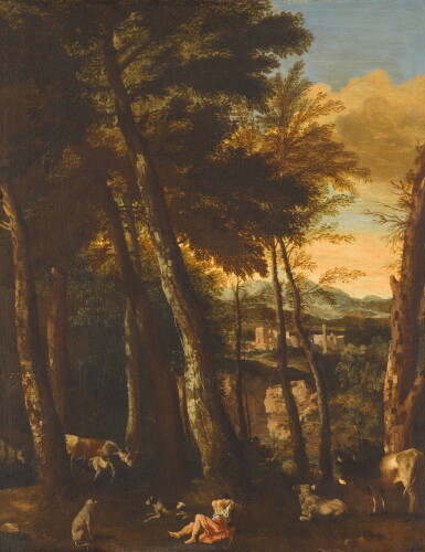 View full screen - View 1 of Lot 205. An Italianate wooded landscape with a drover and cattle, ruined buildings beyond.