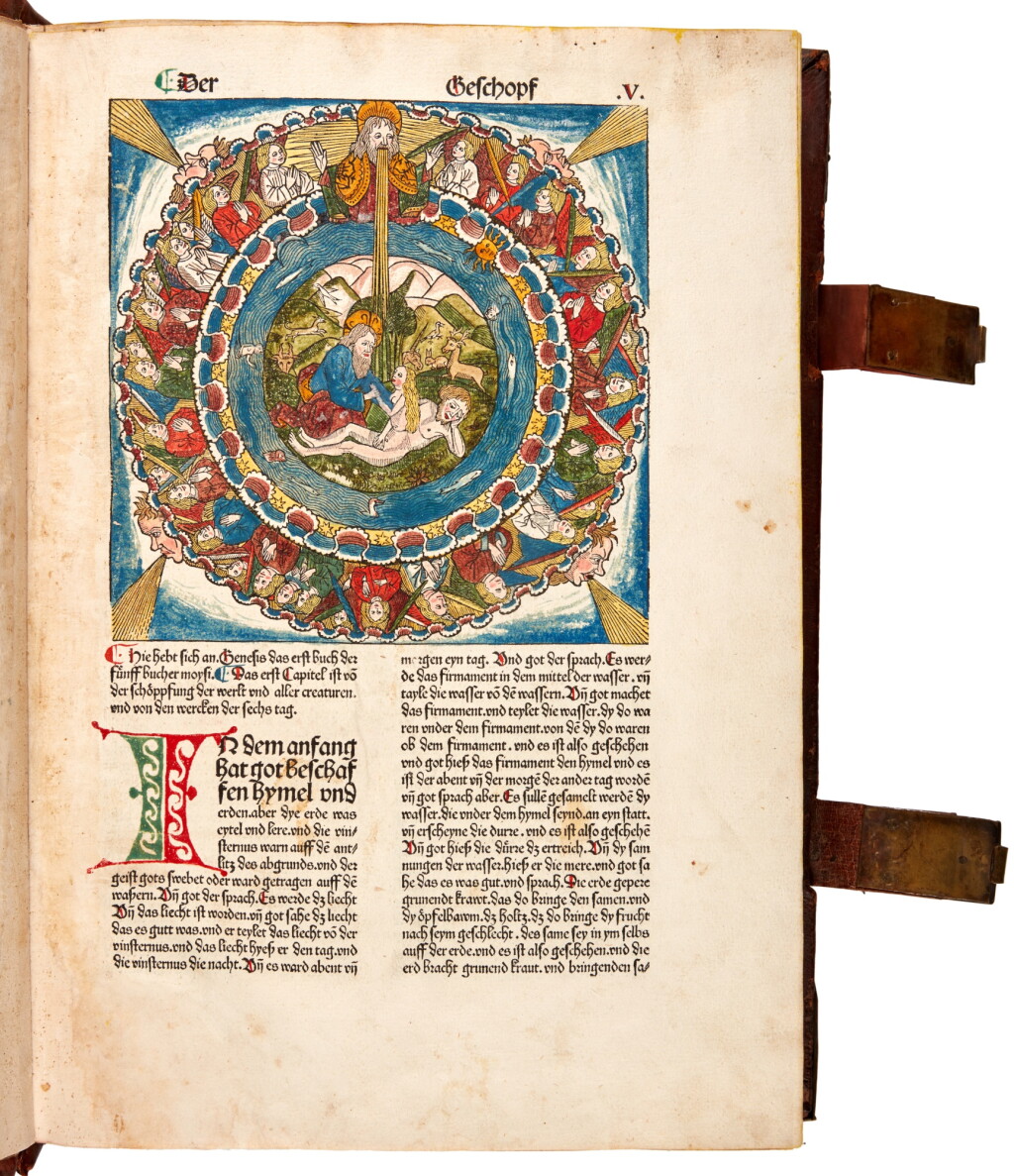 Voir en plein écran - Voir 1 du lot 6. Bible, German | Nuremberg: Koberger, 1483, contemporary hand-colour and a publisher’s binding.
