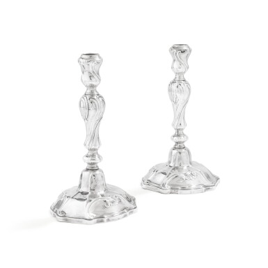 View full screen - View 1 of Lot 480. A pair of Belgian silver candlesticks, Claude-Louis Foncez, Mons, 1775 | Paire de flambeaux en argent par Claude-Louis Foncez, Mons, 1775.