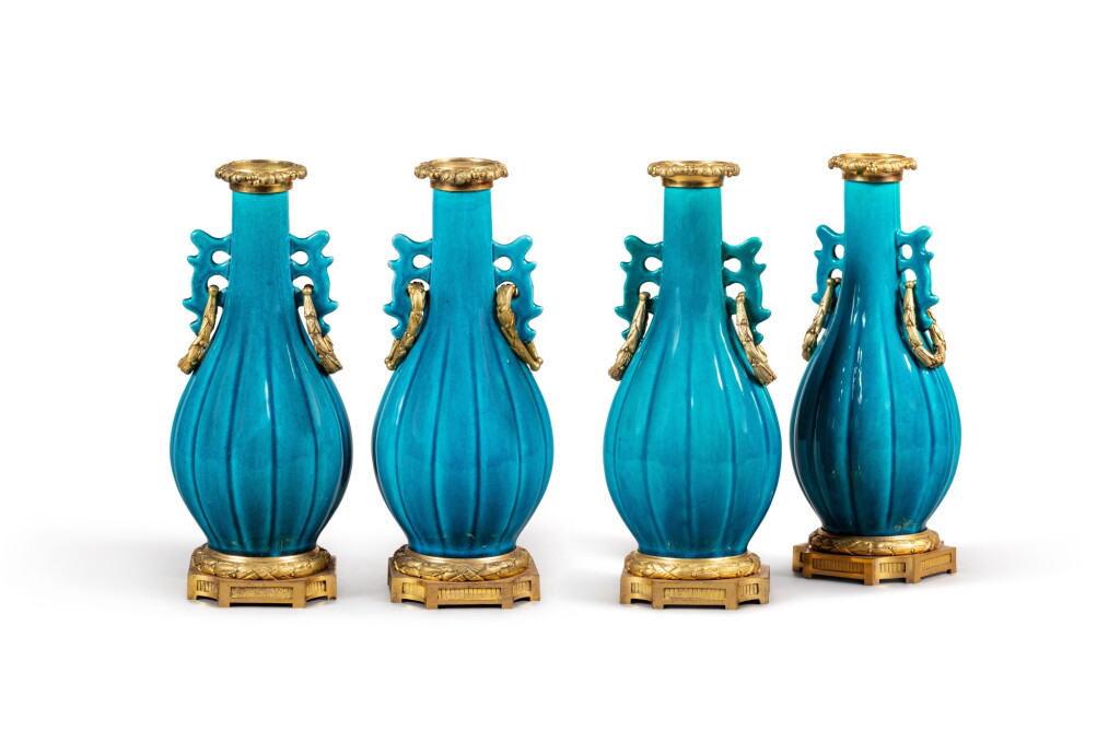 View full screen - View 1 of Lot 177. Two pairs of gilt-bronze mounted blue enameled porcelain vases, China, 19th century and Louis XVI style, 19th century | Deux paires de vases en porcelaine émaillée bleu turquoise, Chine, XIXe siècle et monture de bronze doré de style Louis XVI, XIXe siècle.