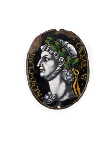 View full screen - View 1 of Lot 114. Manner of Jacques Laudin I (1627-1695) | French, Limoges, probably 17th century | Oval Plaque with the Emperor Nero in profile.