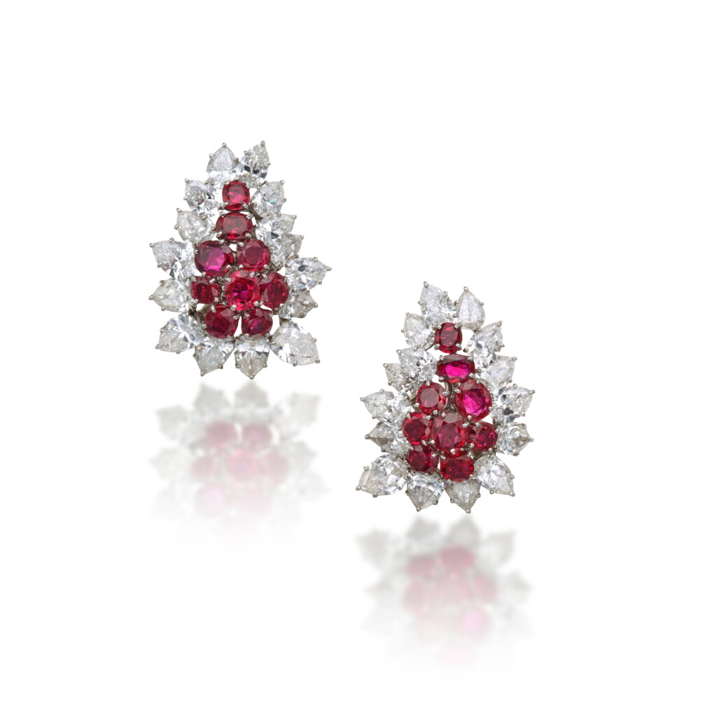 View full screen - View 1 of Lot 106. Pair of Ruby and Diamond Earclips.