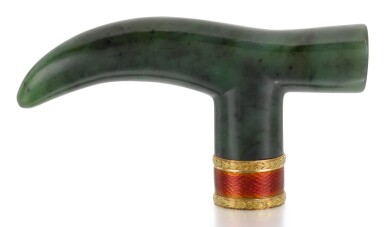 View full screen - View 1 of Lot 326. A FABERGÉ VARICOLOURED GOLD, GUILLOCHÉ ENAMEL AND NEPHRITE CANE HANDLE, WORKMASTER HENRIK WIGSTRÖM, ST PETERSBURG, 1903-1904.