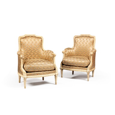 View full screen - View 1 of Lot 23. A pair of Louis XVI grey painted beechwood bergères en gondole, circa 1780, stamped Louis-Charles Carpentier, from the Château de Chanteloup for the duc de Penthièvre.