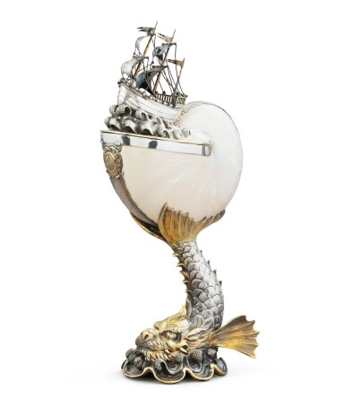 View full screen - View 1 of Lot 71. A large Swiss parcel-gilt silver-mounted nautilus-cup, Johann Karl Bossard, Luzern, circa 1900 | Grand nautile monté en argent et vermeil par Johann Karl Bossard, Lucerne, vers 1900.