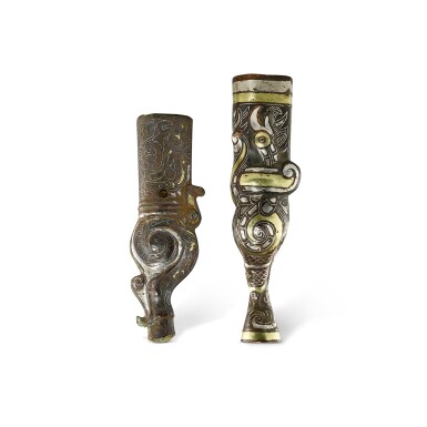 View full screen - View 1 of Lot 526. Two gold and silver-inlaid bronze 'phoenix' ferrules, Eastern Zhou dynasty, Warring States period 東周戰國 銅錯金銀獸形鳳紋鐏兩件.