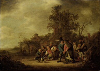 View full screen - View 1 of Lot 203. ISACK VAN OSTADE | LANDSCAPE WITH A PEASANT GUIDING HIS WIFE, SURROUNDED BY A GROUP OF CHILDREN.