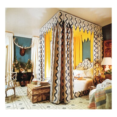 View full screen - View 1 of Lot 343. A HEADBOARD, VALANCES AND BEDHANGINGS IN YELLOW-LINED PIERRE FREY TOILE DE NANTES.