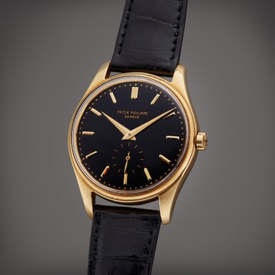 View full screen - View 1 of Lot 36. Reference 2526 | A yellow gold wristwatch with first series black enamel dial, Made in 1957.
