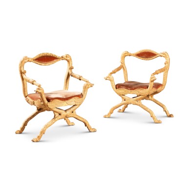 View full screen - View 1 of Lot 85. A pair of giltwood armchairs, probably Central Europe, first half of 19th century | Paire de fauteuils en bois doré, probablement Europe centrale, première moitié du XIXe siècle.