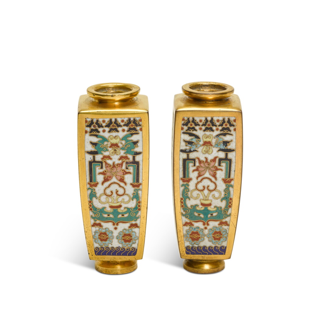 View full screen - View 1 of Lot 75. A rare pair of cloisonné enamel square vases, Qing dynasty, 18th century.