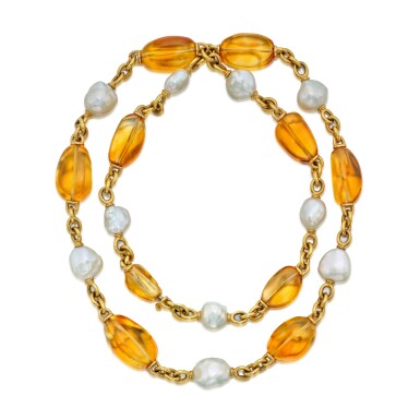View full screen - View 1 of Lot 256. Gold, Citrine and Baroque Pearl Necklace.