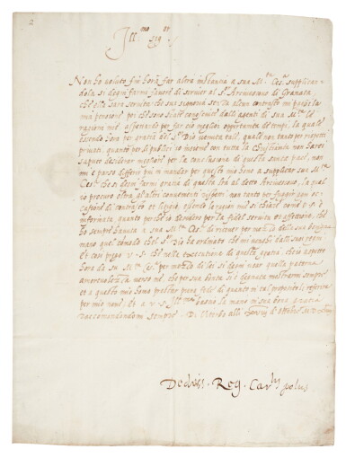 View full screen - View 1 of Lot 130. Cardinal Reginald Pole | Letter signed, to Antoine Perrenot de Granvelle, requesting his help, 1544.