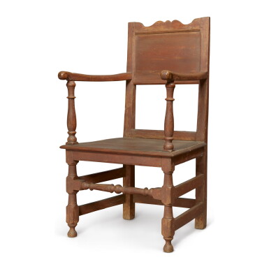 View full screen - View 1 of Lot 1608. VERY RARE WILLIAM AND MARY JOINED OAK WAINSCOT ARMCHAIR, PENNSYLVANIA, 1690-1705.