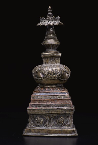 View full screen - View 1 of Lot 330. A Copper Alloy Stupa Inlaid with Copper, Western Himalayas, 15th/16th Century.