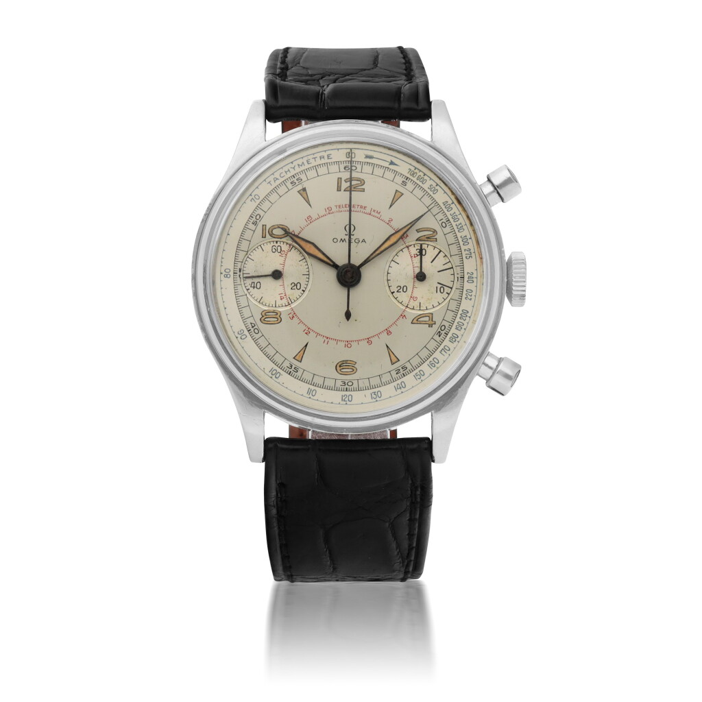 View full screen - View 1 of Lot 8. OMEGA | REF 2077-3 STAINLESS STEEL CHRONOGRAPH WRISTWATCH WITH TWO TONE DIAL CIRCA 1938.