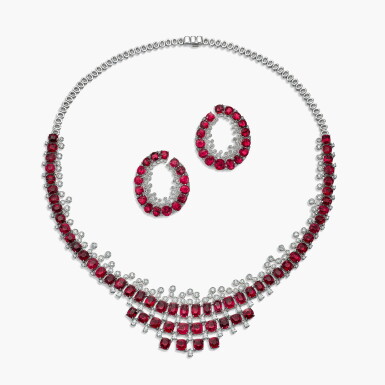 View full screen - View 1 of Lot 1509. Ruby and Diamond Demi-Parure | 紅寶石 配 鑽石 項鏈 及 耳環 套裝.