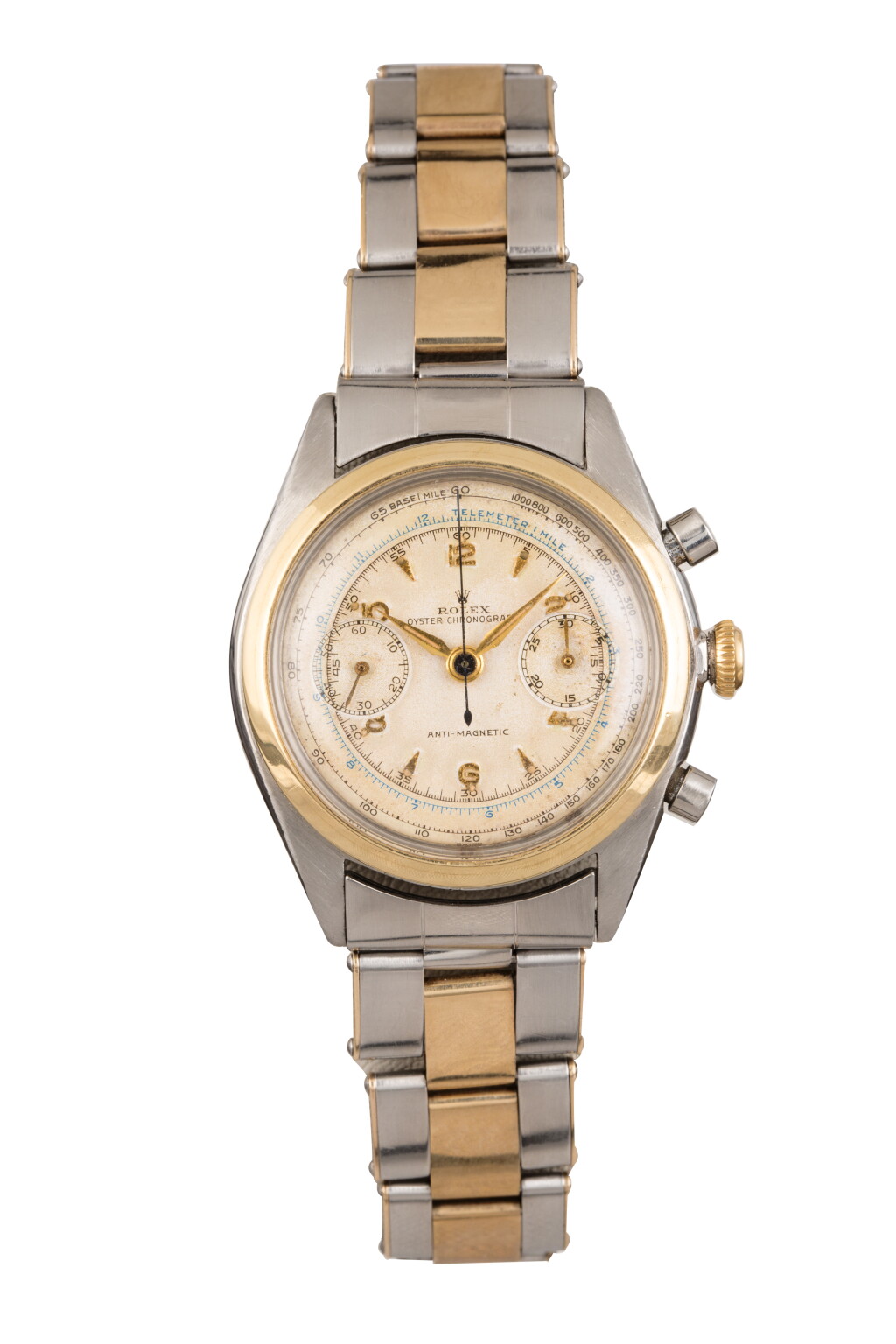 View full screen - View 1 of Lot 13. ROLEX | Pre-Daytona, Ref 4500 A Stainless Steel and Yellow Gold Chronograph Wristwatch with Bracelet 1947.