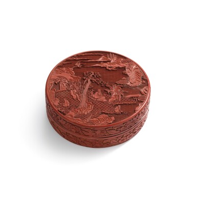 View full screen - View 1 of Lot 3664. A carved cinnabar lacquer circular box and cover 17th century | 十七世紀 剔紅松下高士圖圓盒.