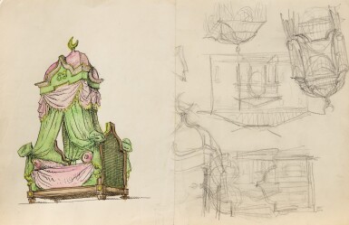 View full screen - View 1 of Lot 48. Projet de lit à la turque et autres projets (recto verso).