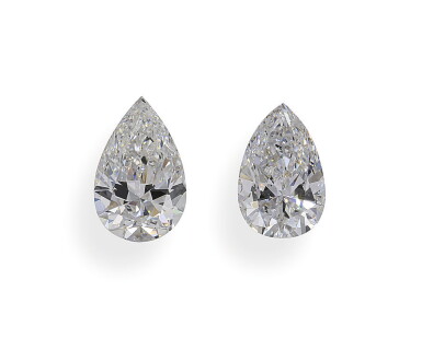 View full screen - View 1 of Lot 16. A Pair of 1.06 and 1.04 Carat Pear-Shaped Diamonds, E and F Color, S12 Clarity.
