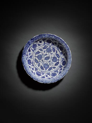 View full screen - View 1 of Lot 140. A Timurid blue and white pottery dish, Persia, probably Tabriz, 15th century.