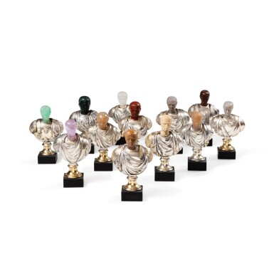 View full screen - View 1 of Lot 321. A set of twelve French hardstone and parcel-gilt silver emperor portrait busts, Paris, post-1847.
