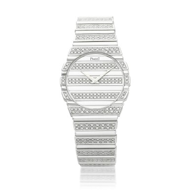 View full screen - View 1 of Lot 8072. Polo, Reference 7561 C725, A white gold and diamond-set bracelet watch, Circa 1985 | 伯爵 Polo 型號7561C725 白金鑲鑽石鏈帶腕錶,約1985年製.