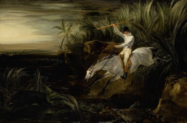 View full screen - View 1 of Lot 283. JAMES WARD, R.A. | SIR CHARLES BLUNT ON HORSEBACK JUMPING A DITCH IN PURSUIT OF A BOAR IN INDIA; "EVENING" IN A FOUR-PART SERIES.