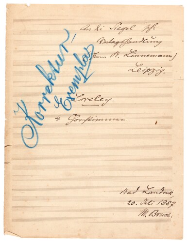 View full screen - View 1 of Lot 39. M. Bruch. Collection of manuscripts of the opera "Die Loreley" op.16, some corrected by the composer, 1863-1916.