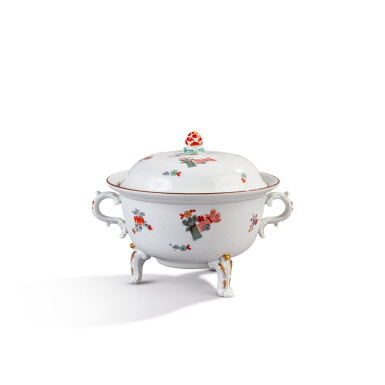View full screen - View 1 of Lot 569. A rare Meissen porcelain Kakiemon two-handled olio pot and cover, circa 1730.