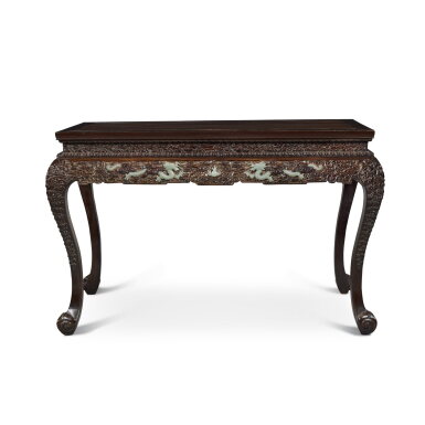View full screen - View 1 of Lot 700. A jade-inset 'hongmu' corner-leg table, Late Qing dynasty | 清末 紅木嵌玉雕雲龍紋三彎腿長方桌.