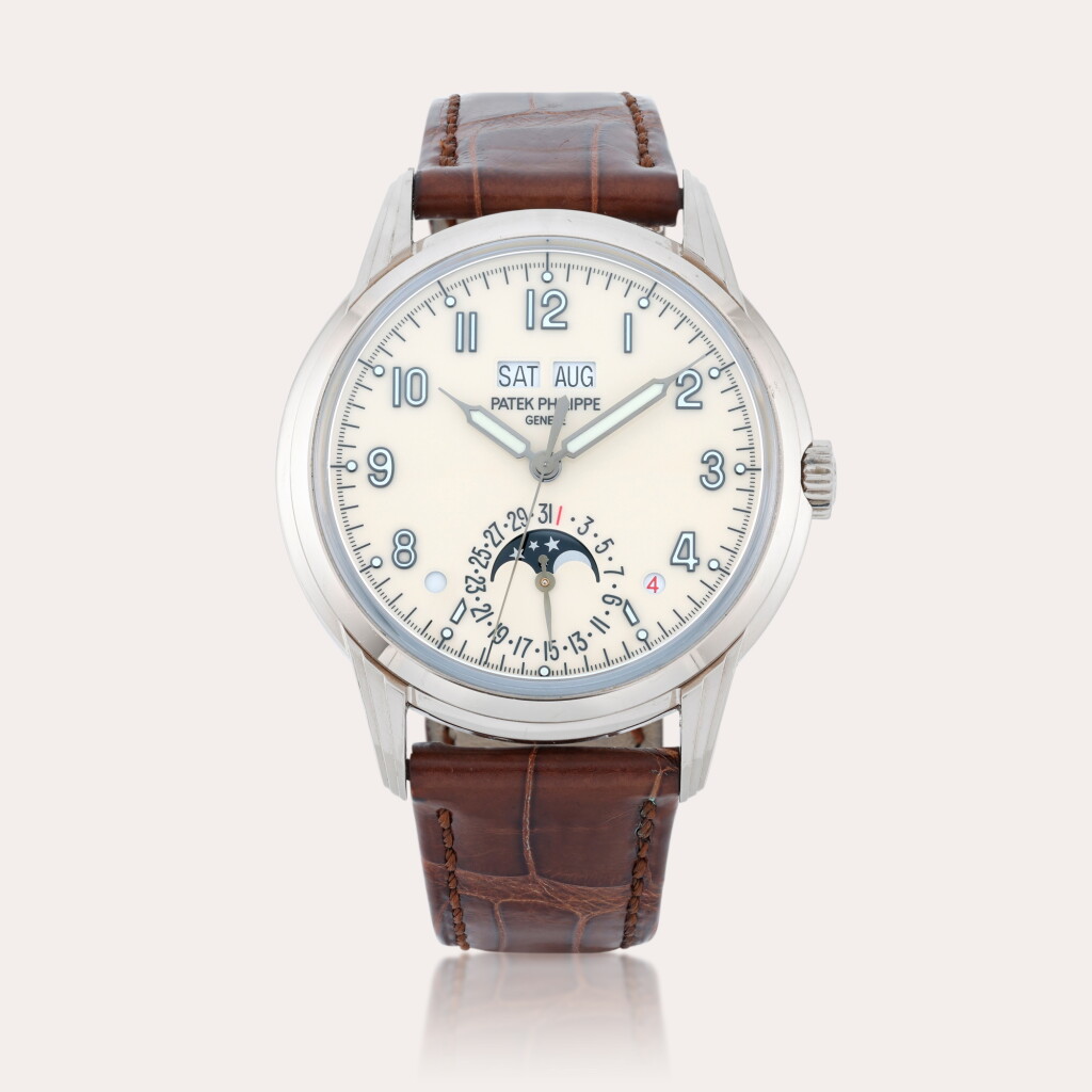 View full screen - View 1 of Lot 127. Reference 5320G-001 | A white gold perpetual calendar wristwatch with moon phases, leap year and day/night indication | Circa 2018.