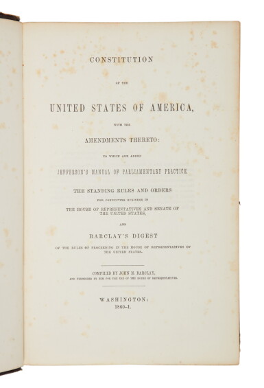 View full screen - View 1 of Lot 229. United States Constitution | Signed by Senator John F. Miller of California.