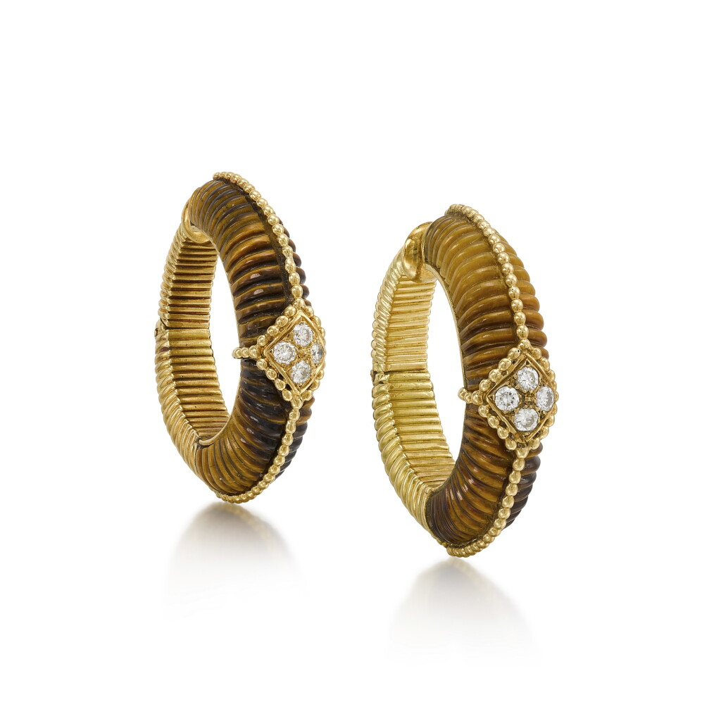 View full screen - View 1 of Lot 234. Pair of Tiger's Eye and Diamond Earrings.