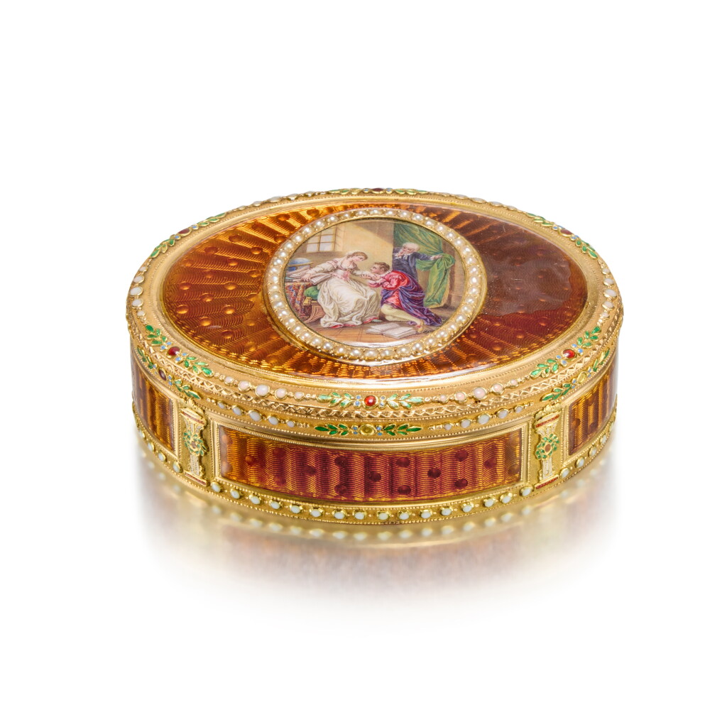 View full screen - View 1 of Lot 351. A Pearl-Set Gold and Enamel Snuffbox, Maker's Mark AI, Geneva, circa 1785.