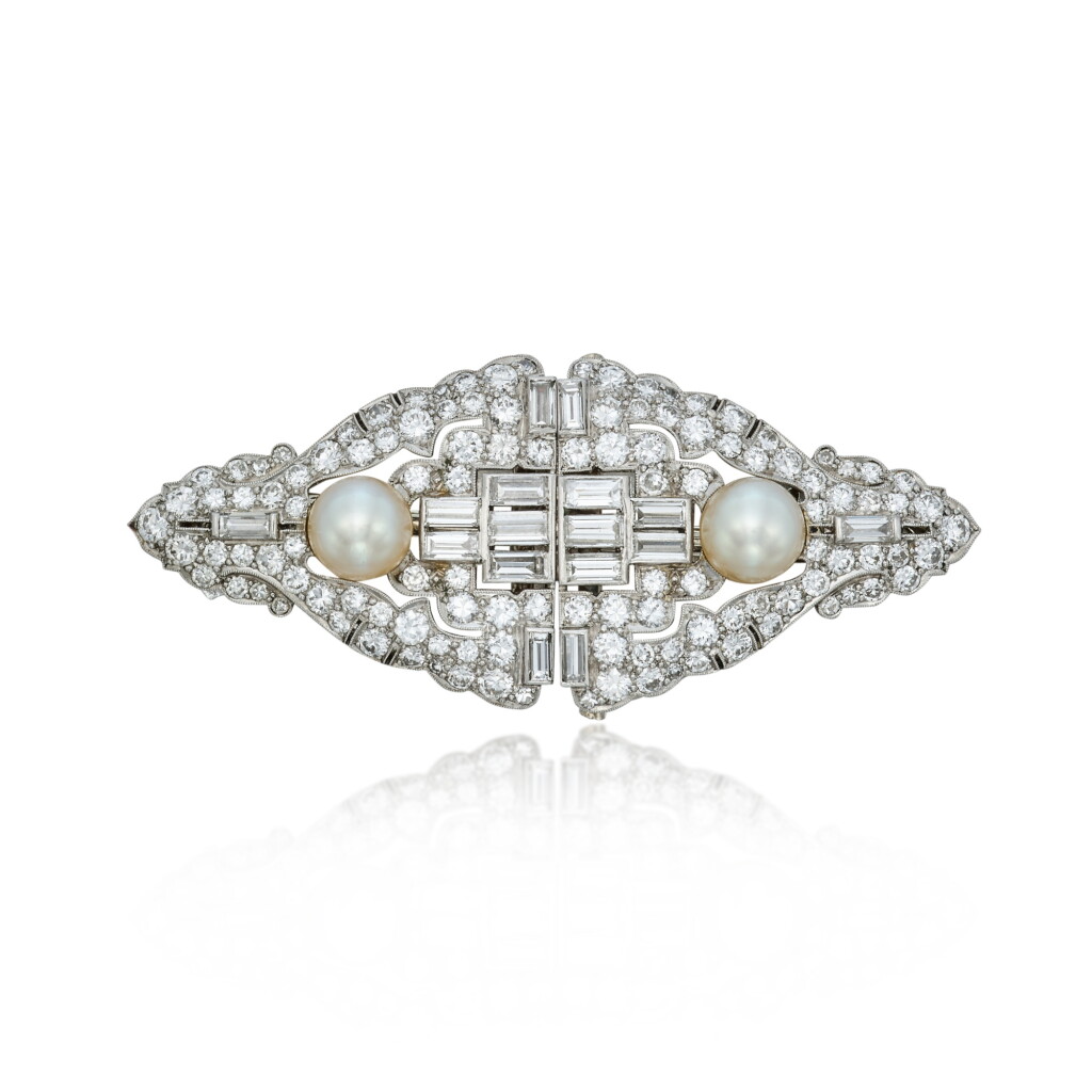 View full screen - View 1 of Lot 38. Natural Pearl and Diamond Double-Clip Brooch.
