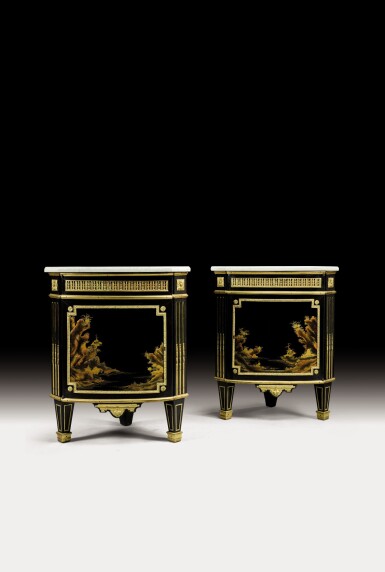 View full screen - View 1 of Lot 122. A pair of Louis XVI gilt-bronze-mounted ebony and Japanese lacquer encoignures, each stamped C.C. SAUNIER and JME, circa 1780, the lacquer late 17th/early 18th century.