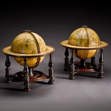 View full screen - View 1 of Lot 17. A pair of George I 8 ¾-inch terrestrial and celestial table globes by John Senex, circa 1715.