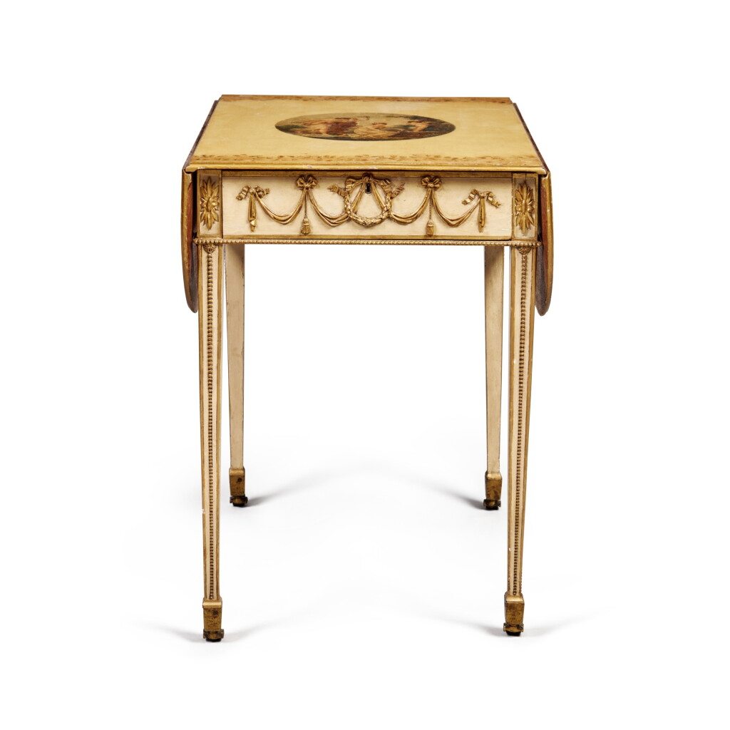 View full screen - View 1 of Lot 68. A George III Cream and Polychrome-Painted Parcel-Gilt Pembroke Table attributed to George Brookshaw, Circa 1785-88.